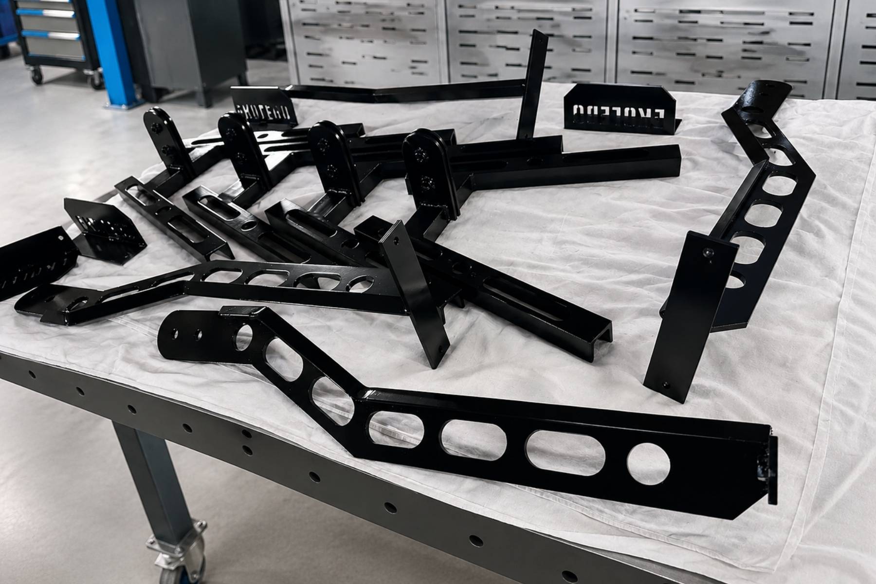 Black steel stand components manufactured for EkoLebo deployment system