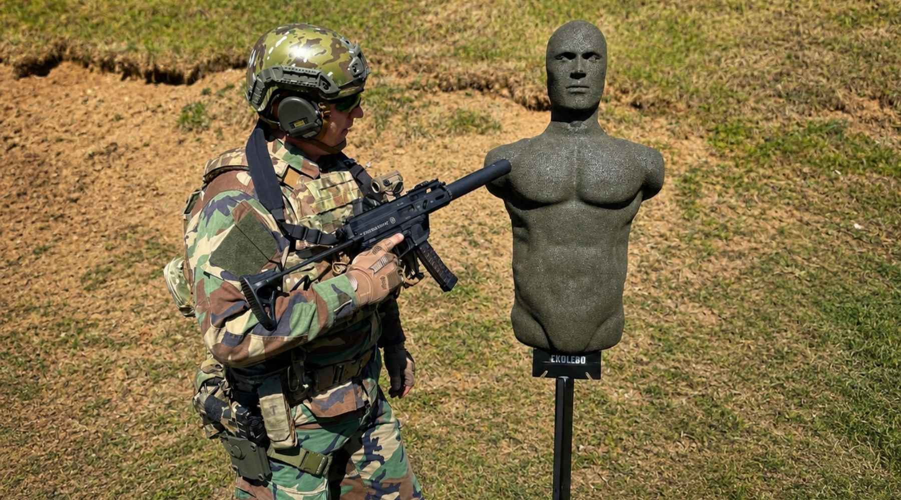 EkoLebo rubber target in field use with tactical operator